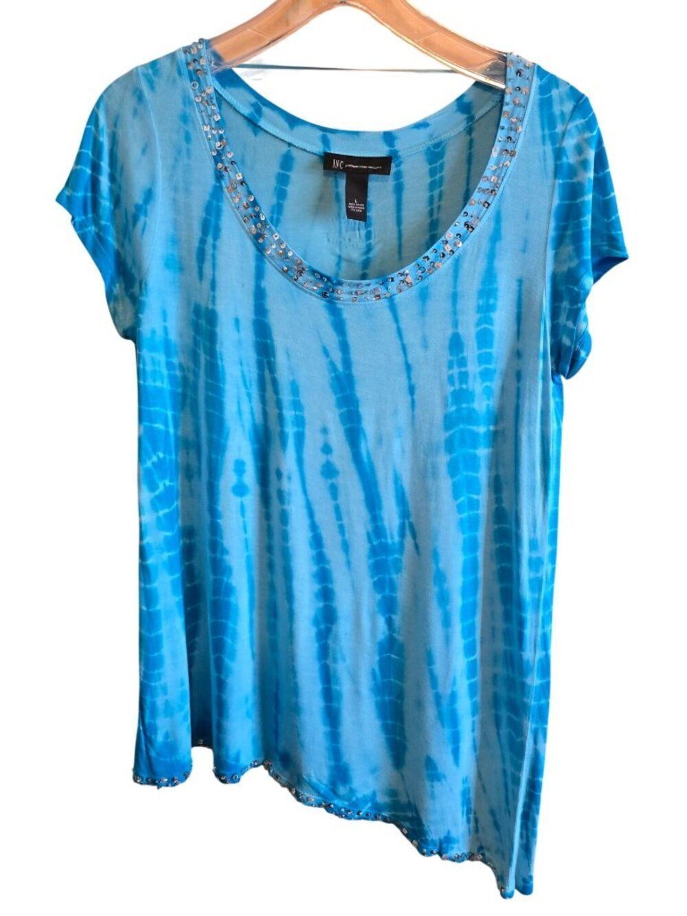 Tie-Dye Blue Top Large Glittery Scoop Neck Sparkle Party Shirt